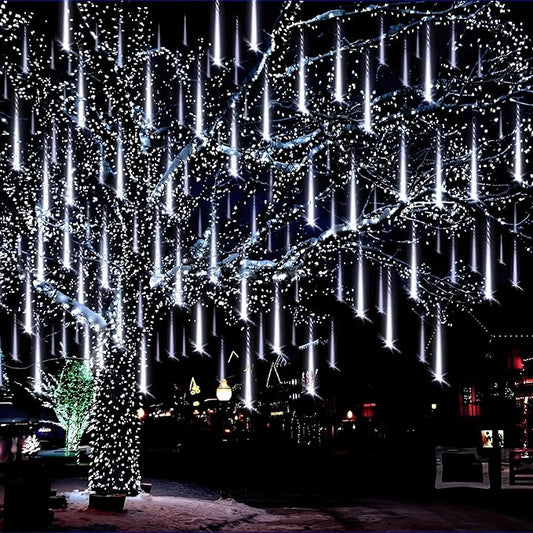 Aukora White Christmas Lights Outdoor, UL Plug 24 Tubes 576 LEDs Meteor Shower Light, Tandemable Icicle Snow Falling Rain Light for Xmas Tree Halloween Decorations Wedding Party Holiday Garden Decor