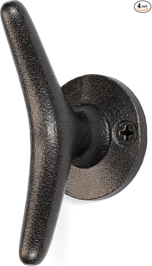 Claimed Corner Cast Iron Coat Hooks - Boat Cleat Nautical Marine Entryway Decor Multi-Purpose Hat Towel Hanging Hook - Durable & Rust-Resistant - Includes Mounting Hardware - 4 Pack (Small, Natural)