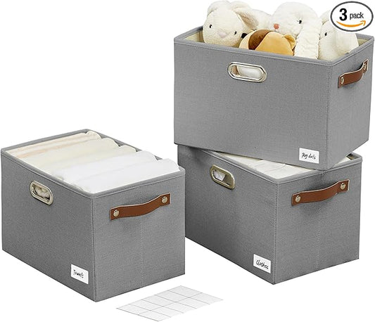 Large 3-Pack Foldable Fabric Storage Bins with Durable PU & Metal Handles, Collapsible Storage Baskets for Shelves, Home Storage, Closet Organizers, Living Room(14.9"x9.8"x9.8", Grey)