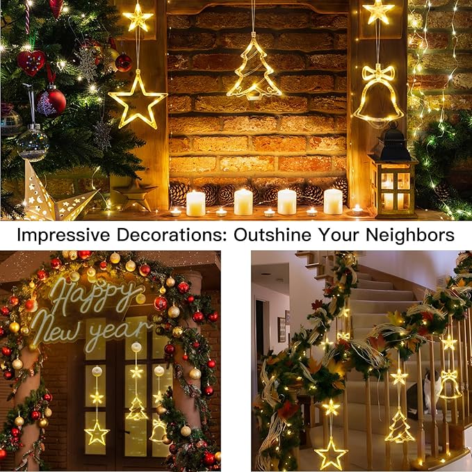 suddus Christmas Window Lights Decorations, 3Pcs Tree-Jingle Bell-Star Shaped Xmas Lights Battery Powered with Suction Cups & Timer, Hanging String Lights Indoor for Tree, Fireplace, Warm White
