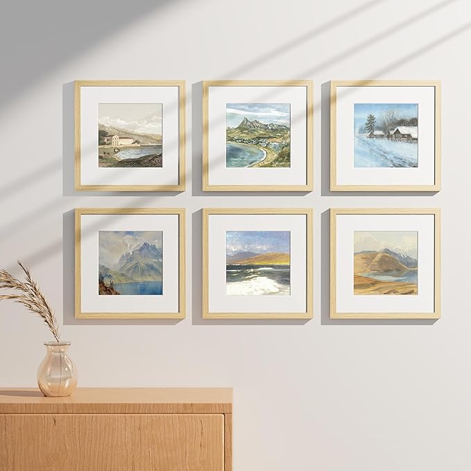 Vittanly 12x12 Picture Frames Set of 9, Shatter Resistant Plexiglass, Display 8x8 Pictures with Mat or 12x12 without Mat, Photo Frames for Wall Mount, Engineered Wood, OAK