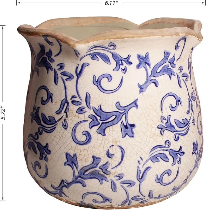 Ceramic Pots for Plants, Vintage Plant Pot with Drainage Hole, 6.11in. Planter for Indoor Plants, Crackle Glaze Finish Flower Pot, Perfect Tuscan Ceramic Planter for Gardening, Blue Swirls