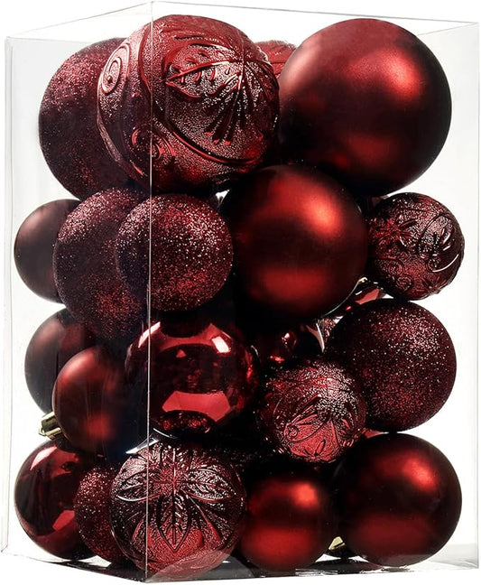 Wironlst Christmas Ball Ornaments - 30pcs Shatterproof Plastic Christmas Ornaments Hanging Ball Decorations for Xmas Tree, Holiday, Wedding, Party (Multi-Size, Burgundy)