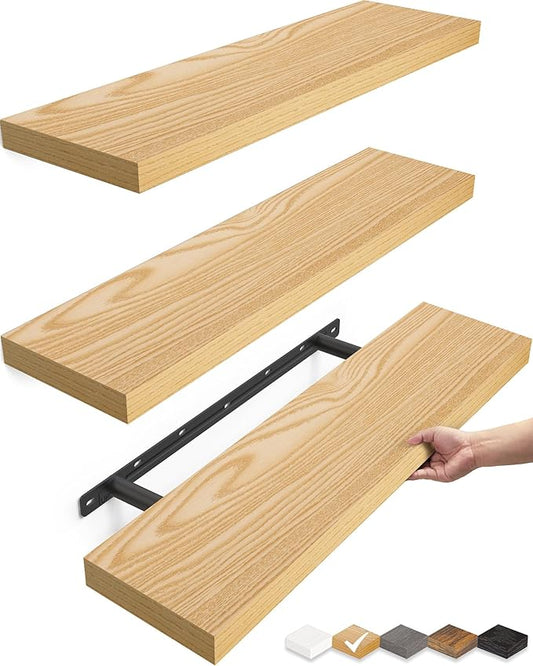 BAYKA Floating Shelves for Wall, 22.5 inches Wall Mounted Rustic Wood Shelves for Bathroom, Bedroom, Living Room, Floating Shelves for Books/Storage/Decor (Oak-Toned,Set of 3)