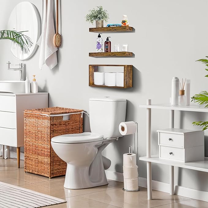 Sorbus Floating Shelves for Wall Set of 3 - Bathroom Shelves for Wall Storage, Over Toilet, Bedroom, Farmhouse, Decor - 2 Floating Shelves with Invisible Brackets & 1 Rectangular Box, Walnut