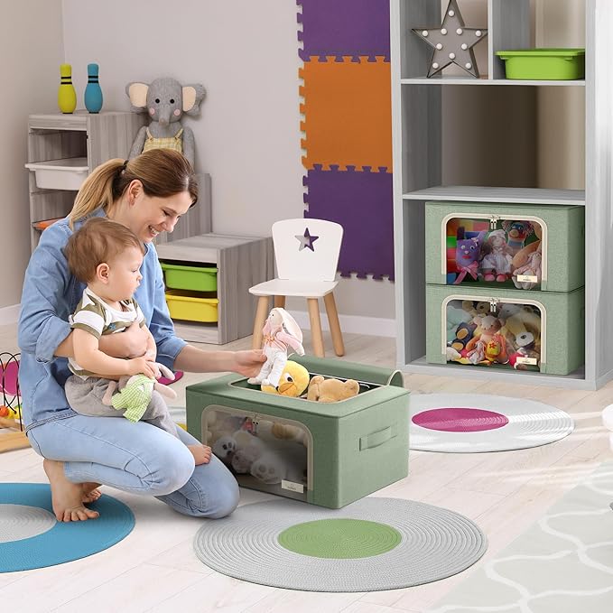 Sorbus Storage Bins with Metal Frame - Stackable & Foldable Clothes Organizer Bags - Oxford Fabric Storage Containers with Large Clear Window & Carry Handles, Bedroom Organization for Bedding & Linen