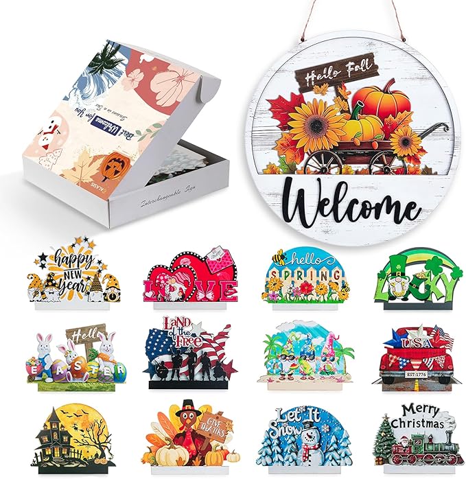 Welcome Sign for Front Door: 13pcs Interchangeable Fall Decor - Housewarming Gifts for New Home Seasonal Wreaths Outdoor Holiday All Season Decorations