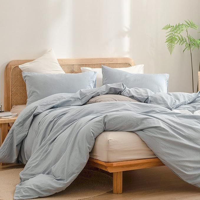 BESTOUCH Duvet Cover Set 100% Washed Cotton Linen Feel Super Soft Comfortable Chic Lightweight 3 PCs Home Bedding Set Solid Cornflower Blue Super King