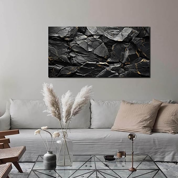Black Stone with Golden Veins Canvas Wall Art for Living Room, Smooth Flat Rocks Picture Wall-Decor for Bedroom, Canvas Printed Artwork Decoration for Office, Size 40x20 Inches (Not 3D or Textured)