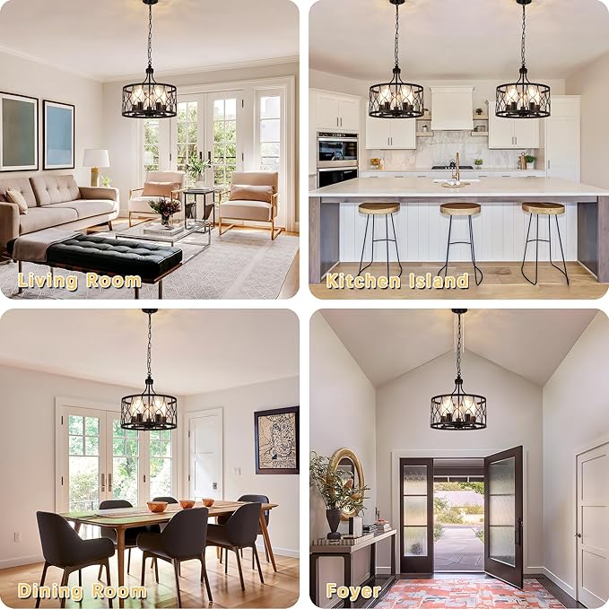 Black 15.74" Farmhouse Ceiling Light Fixture, Hight Adjustable, 5-Light Modern Industrial Metal Cage Pendant Lighting for Kitchen Island Dining Room Living Room and Entryway