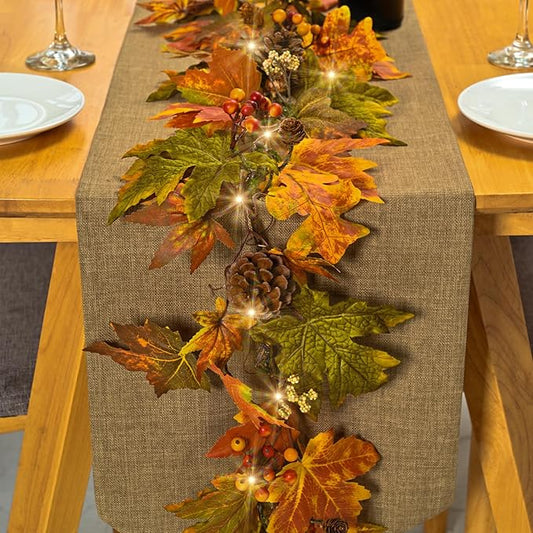 Artgar Fall Maple Leaf Garland, 6 Ft Fall Decor Garland with Pine Cones Berries, Harvest Decor Garlands with 30 Warm Lights for Fall Home Thanksgiving Fireplace Table Indoor Outdoor Porch Decor