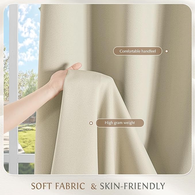 Beauoop 100% Blackout Curtains 63 Inch Long 2 Panels for Bedroom Living Room Beige Solid Room Darkening Thermal Insulated Soundproof Energy Saving Grommet Top Window Treatment Drapes,52x63, 2 Set