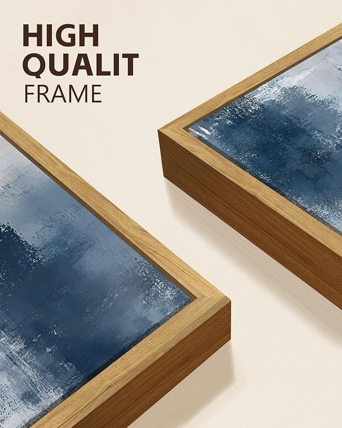 KUVIOKE Navy Blue Abstract Wall Art Framed Neutral Brush Strokes Block Shape Mid Century Art Prints Minimalist Modern Illustrations Bedroom Hallway 11x14in (Natural Framed)