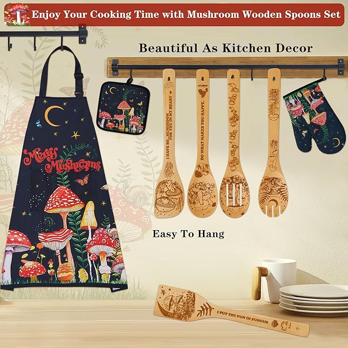 Mushroom Kitchen Decor Bamboo Cooking Spoon with Apron Oven Mitt Pot Holder Utensil Set -Mushroom Kitchen Accessories,Home Decorations Gifts for Women-Housewarming,Birthday Gift,8PCS
