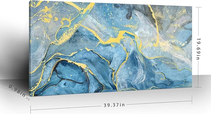 Canvas Wall Art Abstract Seascape Painting Blue Ocean Beach Theme Print Black and Yellow Fluid Texture Coastal Picture Sea Wave Natural Landscape Modern Artwork for Home Bedroom 20x40inch