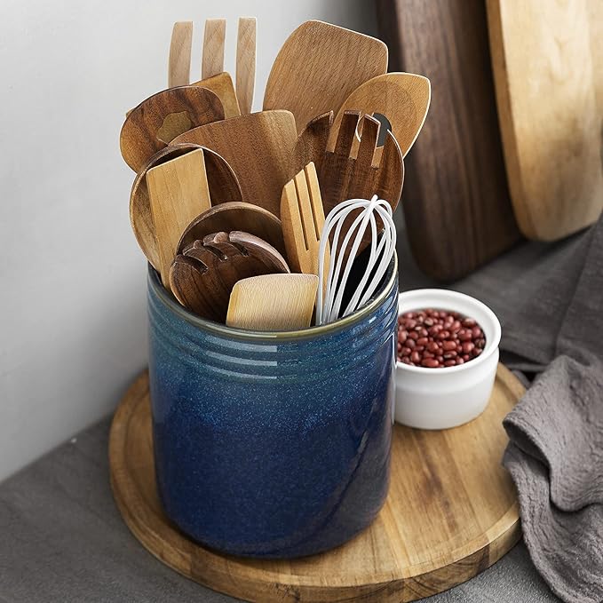 DOWAN 7.2" Kitchen Utensil Holder, Extra Large Farmhouse Utensil Holders for Countertop, Ceramic Utensil Crock, Anti Slip Cork Bottom (Multicolor, 7.2 Inch)