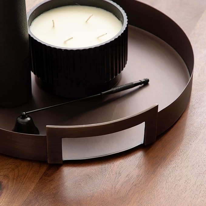 Kate and Laurel Myo Transitional Metal Round Tray; 15 Inch Diameter; Bronze; Modern Glam Circular Decorative Serving Tray with Handles for Use as Living Room Ottoman Table or Entryway Tray Decor