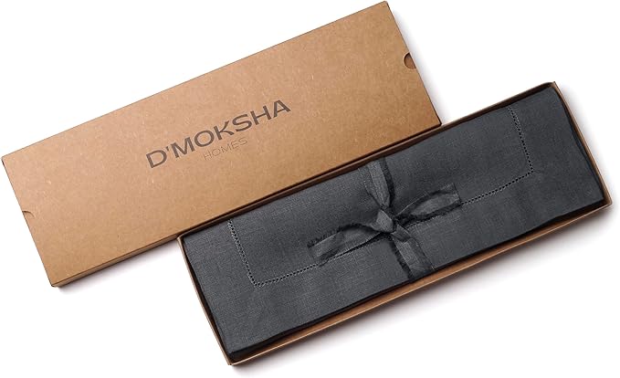 D'Moksha Homes Linen Placemats Set of 4 - Classic Hemstitch Charcoal Grey Placemats 14 x 19 Inch - 100% Pure Linen Table Mats for Fall, Autumn and Halloween - Handcrafted and Machine Washable