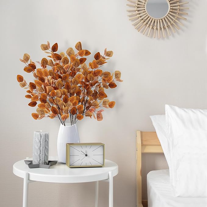 Sggvecsy 6 Pcs Fall Eucalyptus Leaves Artificial Eucalyptus Stems Long Silver Dollar Leaves Autumn Leaf Branches Fake Silk Eucalyptus for Indoor Home Autumn Thanksgiving Decor (Mixed Fall Color)