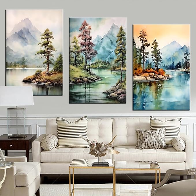 3 Pieces Landscape Canvas Wall Art Large Size Poster Mountain Range Forest Trees Lakes HD Picture Print Artwork for Modern Home Living Room Office Wall Decoration Stretched and Framed [72''Wx 36''H]