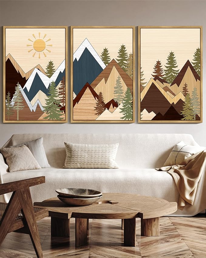 KUVIOKE Morden Mountains Pine Tree Forest Framed Wall Art Sunrise Boho Nature Landscape Artwork Bohemain Farmhouse Bedroom Living Room Decor 24x36in (Natural Framed)