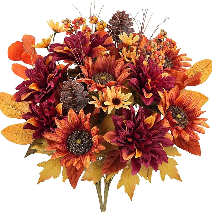 HUAESIN Artificial Fall Flowers Faux Sunflowers Bouquets Fake Peony Silk Dahlia Autumn Silk Floral Arrangements for Home Decor Indoor Living Room Kitchen Table Cemetery Grave Flowers