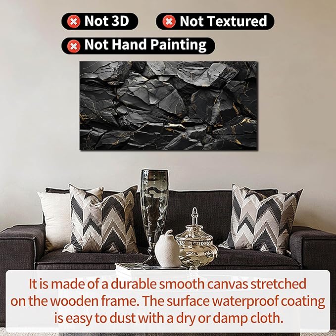Black Stone with Golden Veins Canvas Wall Art for Living Room, Smooth Flat Rocks Picture Wall-Decor for Bedroom, Canvas Printed Artwork Decoration for Office, Size 40x20 Inches (Not 3D or Textured)