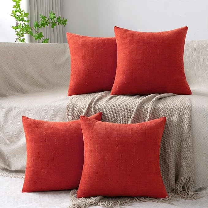 Set of 4 Soft Textured Decorative Throw Pillow Covers 22x22 Inch Cozy Farmhouse Cushion Cover Square Accent Pillow Cases for Bed Couch Sofa Living Room, Red