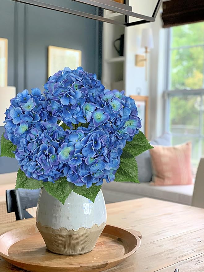 Hydrangea Artificial Flowers Large Artificial Dark Blue Hydrangeas Silk Flower for Home Decor Indoor Wedding Flower Bouquets Faux Flowers Kitchen Centerpiece Table Decorations