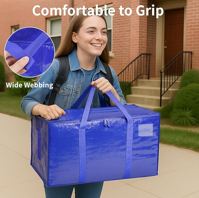 12 Pack-Extra Large Heavy Duty Moving Bags - Waterproof Storage Totes with Handles & Zippers, Foldable for College Dorm, Storage (Blue)