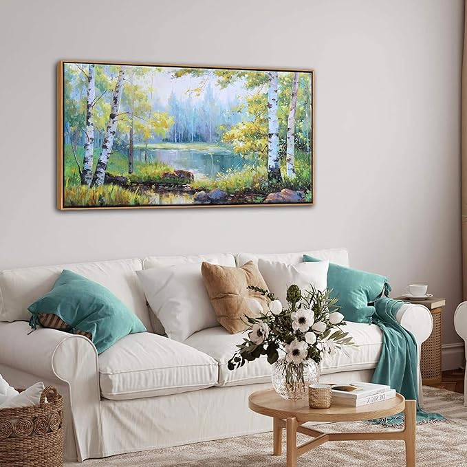 YCPRIMER Forest Wall Art - Birch Tree Canvas Wall Decor Green Trees Picture for Living Room Lake Forest Landscape Painting Home Bedroom Decoration Green and White Framed Artwork Decor 24×48IN