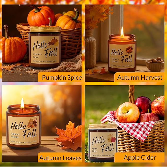 Lihome Fall Candles, Fall Decorations for Home - Fall Gifts for Women, Natural Soy Wax Scented Candles Set(4pcs)