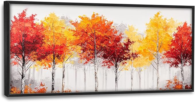 Fall Forest Framed Wall Art for Living Room, Large Red Trees Canvas Wall Decor, Red Leaf Landscape Pictures Painting, Modern Artwork for Living Room Bedroom 60L'' × 30W''