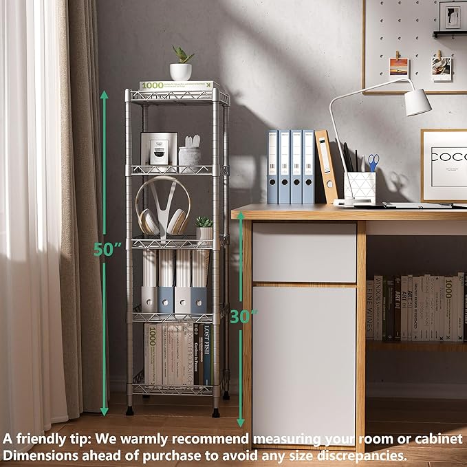 GIOTORENT 5 Tier Standing Shelving Metal Units, Adjustable Height Wire Shelf Display Rack for Laundry Bathroom Kitchen 11.8 W x 11.8 D x 50 H (5-Tier, Grey, Matte/Glossy Finish)