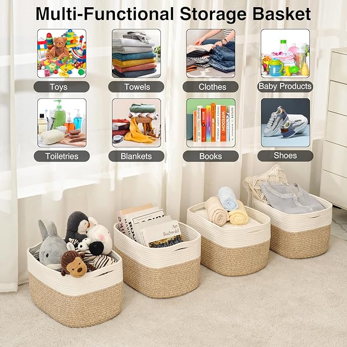 Storage Baskets for Organizing & Shelves, Woven Cotton Rope Organization Bins for Dog Toys, Clothes, Books, Nursery Organizer, 15" Lx11''Wx9.5''H, (4 Packs) Off White & Brown