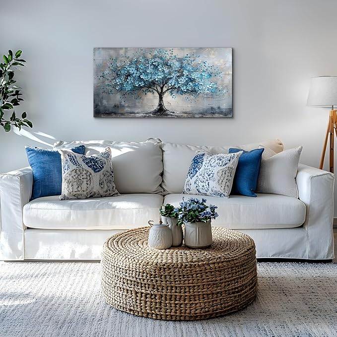 crmotu Tree of Life Large Wall Art, Cherry Blossom Canvas Oil Paintings, Abstract Blue Tree Art Prints, Teal Modern Home Wall Decor Living Room Bedroom Pictures, Neutral Office Decor Artwork 20"X40"