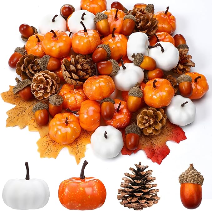 Yookeer 120pcs Mini Pumpkins Acorns Pine Cones Fall Decoration Thanksgiving Artificial Small Pumpkins Fake Props Bulk Rustic Vase Filler for Autumn Harvest DIY Craft Table Centerpiece(Lovely Color)