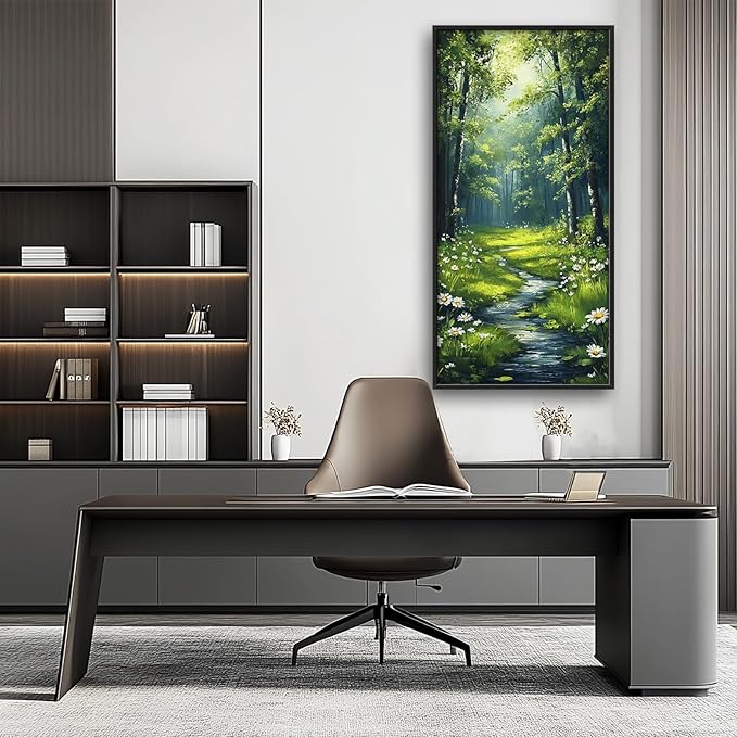 Green Forest Vertical Wall Art for Living Room, Large Tree Canvas Wall Decor, Daisy Flowers Pictures Framed Painting, Landscape Artwork for Bedroom Office Home Decor 60L'' × 30W''