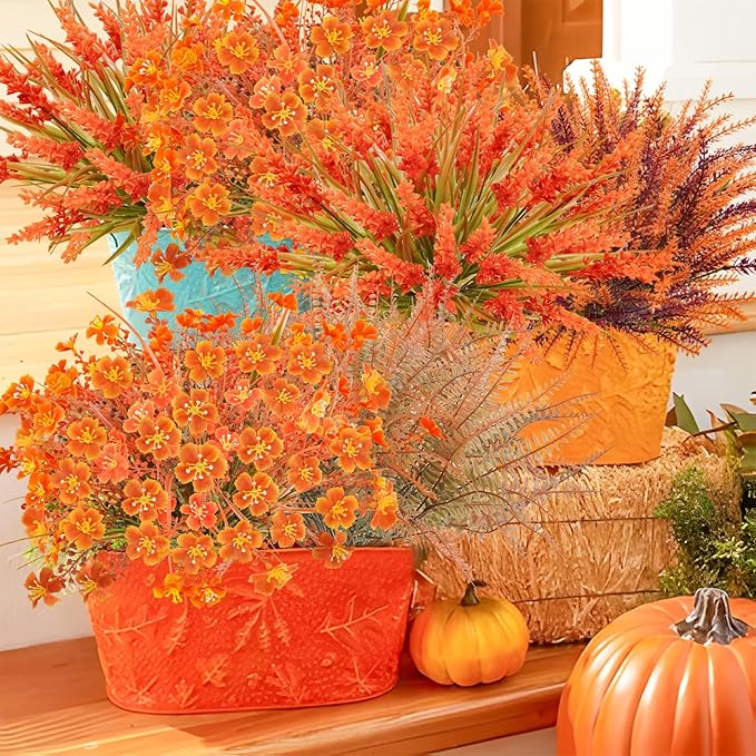 Agusbagli 40 Bunches Artificial Fall Outdoor Flowers Fake Autumn Boxwood Plants UV Resistant Plastic No Fade Faux Fall Flowers Arrangements for Thanksgiving Autumn Weddings Porch Indoor Home Decor