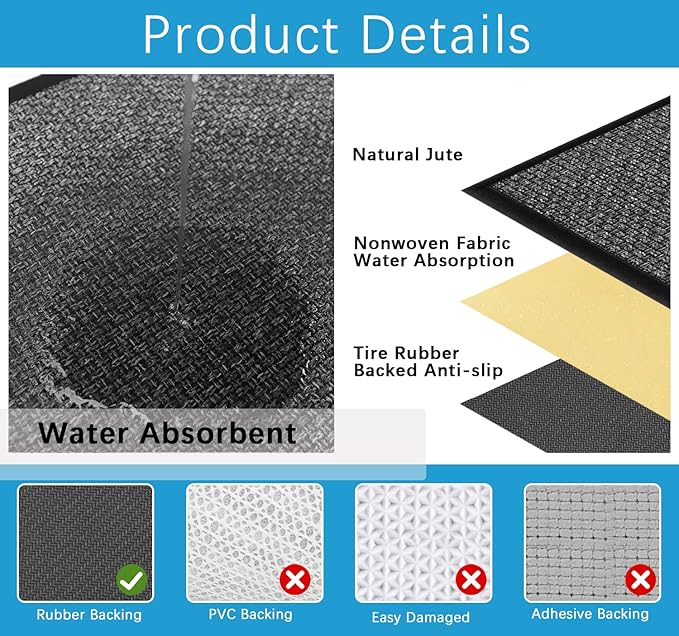 GOYLSER Kitchen Rugs Non Slip Washable Non Skid, Absorbent Hallway Carpet Black Bathroom Rug, Natural Jute Bath 2x12 Runner Rug Non Slip