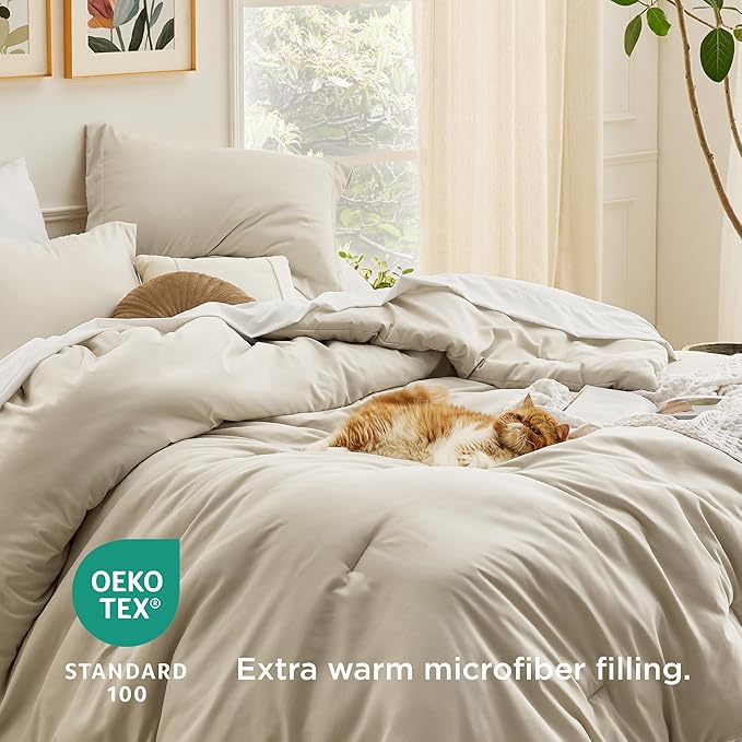 Bedsure California King Size Comforter Set Beige, 7 Pieces Boho Bed in a Bag, Gift for Christmas Contrasting Design Bedding Set with Soft Comforter, Sheets, Pillowcases & Shams