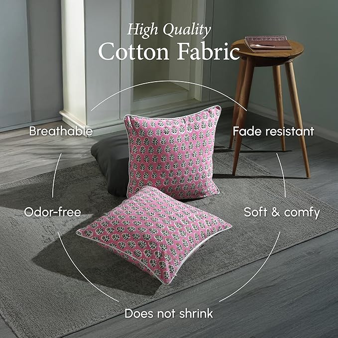 CPC 100% Cotton Throw Pillow Covers 20x20 Inch, Set of 2 Green Block Print Pattern Couch Pillow, Cute Boho Decorative Pillows for Living Room, Bedroom with Hidden Zipper- Poppy Pink