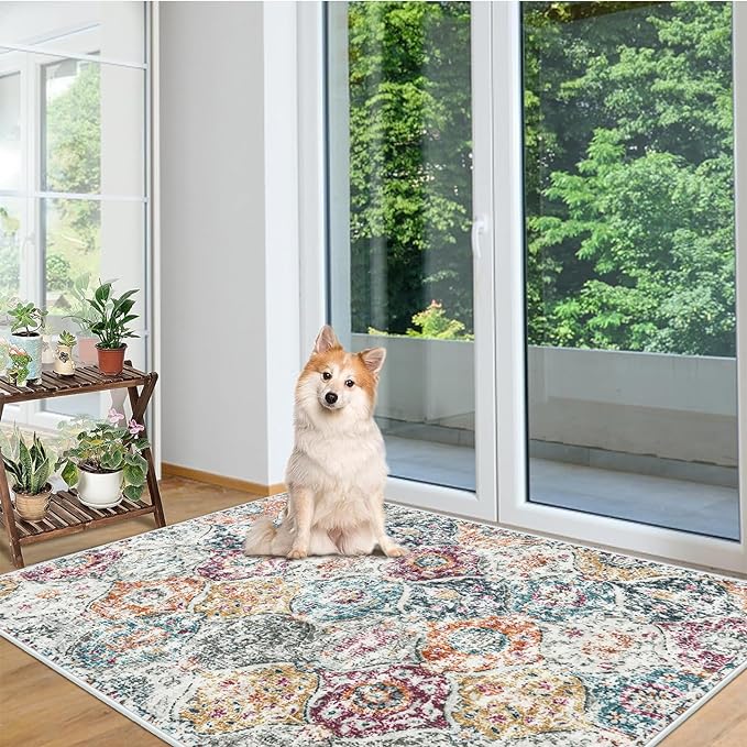 Lahome Moroccan Trellis Washable Small Area Rug, 3x5 Black Rug for Bedroom Living Room, Non-Slip Oriental Accent Throw Carpet for Kitchen Office Entryway Bathroom Office, Aqua/Multi