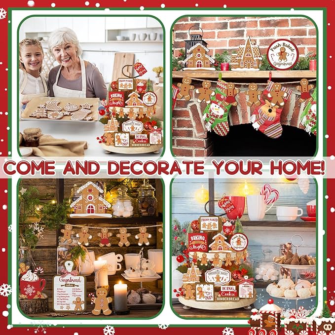 17 Pcs Christmas Tiered Tray Decor Set Winter Tiered Tray Decorations Farmhouse Tabletop Centerpiece Christmas Wooden 3D Sign for Xmas Home Buffalo Plaid Rustic Table Decoration(Gingerbread)