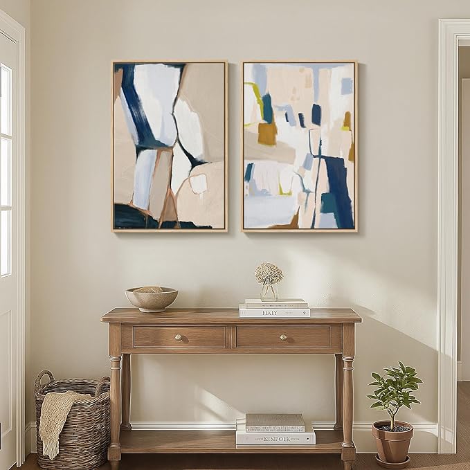 Framed Neutral Abstract Wall Art for Bedroom, 2 Piece Beige and Navy Blue Modern Minimalist Canvas Prints Paintings Artwork for Walls, Colorful Pictures for Living Room Dining Room Wall Decor 16x24 In