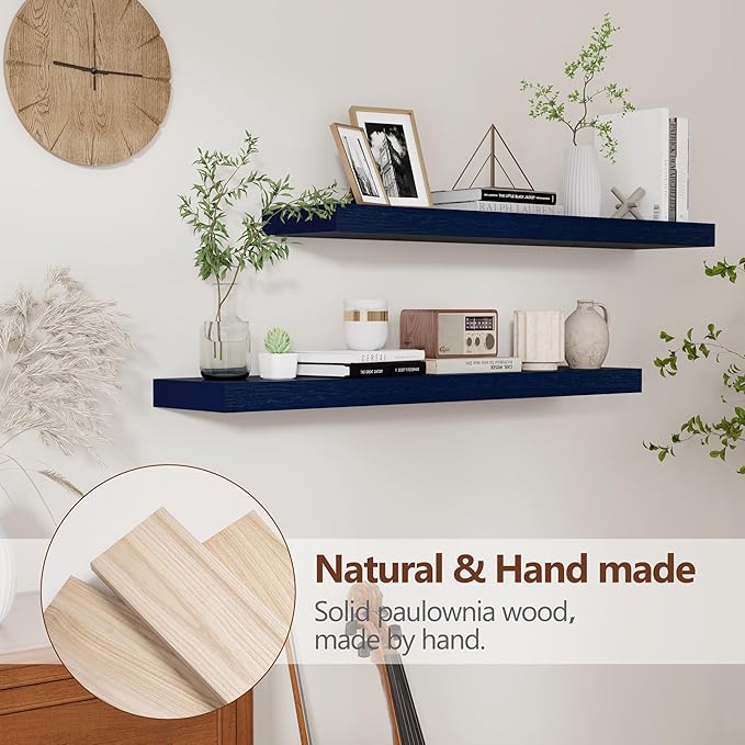Dark Blue Floating Shelves 36 Inch, Solid Wooden Wall Shelves Set of 2, Rustic Floating Wall Shelves for Decor & Storage for Living Room Bedroom Bathroom