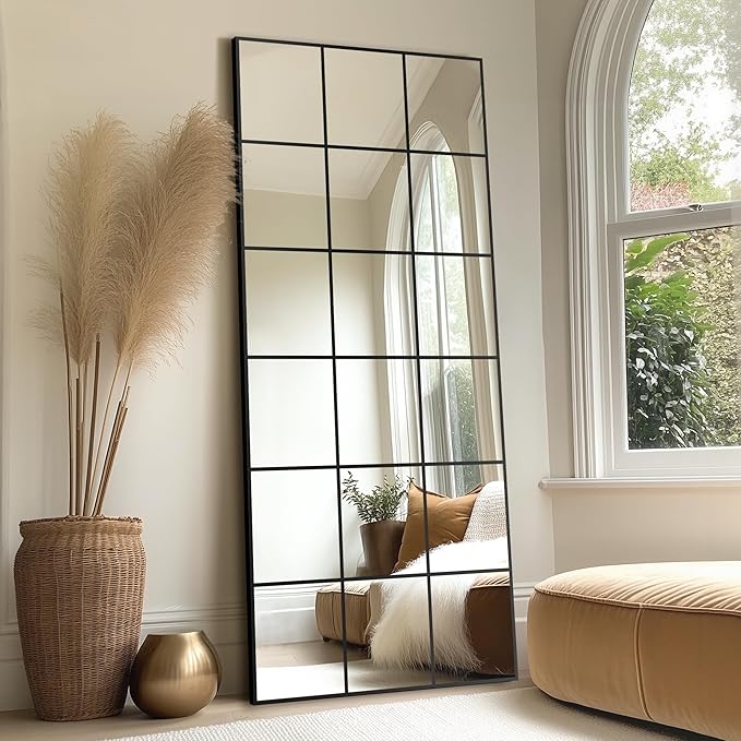 Delma Full Length Mirror, 28"x 55" Window Pane Decorative Mirror for Wall, Black Metal Framed Wall Decor, Wall Mounted, Hanging or Leaning for Bedroom, Living Room, Entryway