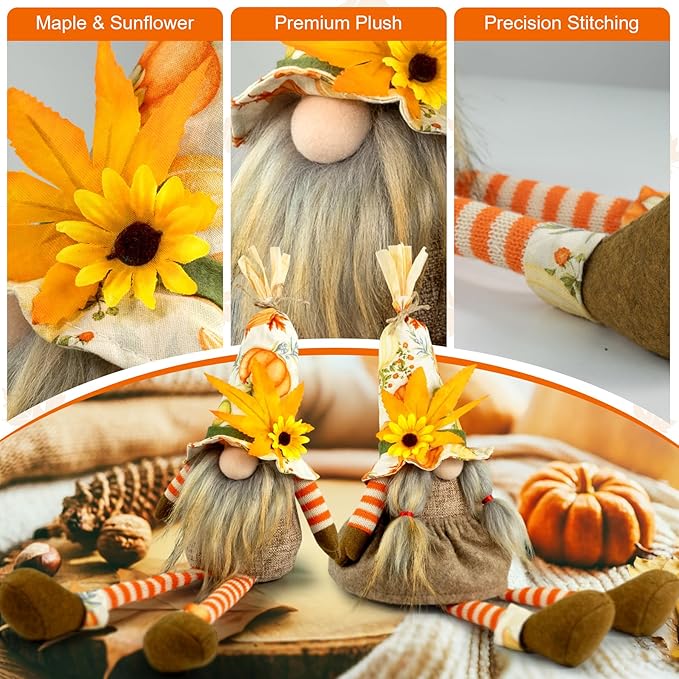 Thanksgiving Decorations – 2PCS Fall Gnomes Plush Shelf Sitters with Dangling Legs, Harvest Gnome Couple for Table Decor, Tiered Tray, Farmhouse Gnomes Gifts for Women