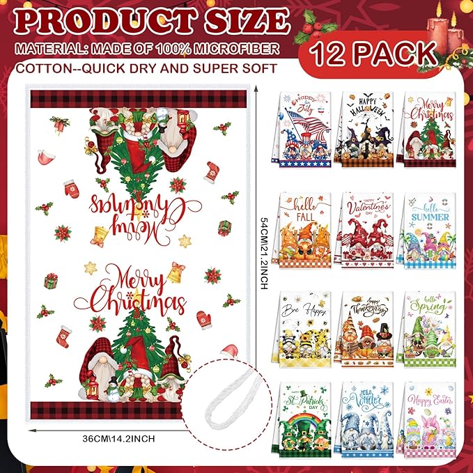12 Pcs Seasonal Kitchen Towels Set for All Holidays Hand Dish Tea Towels Fall Halloween Christmas Cute Drying Dishcloths Decorative Absorbent Wash Cloths(Gnome Style,Bright Color)