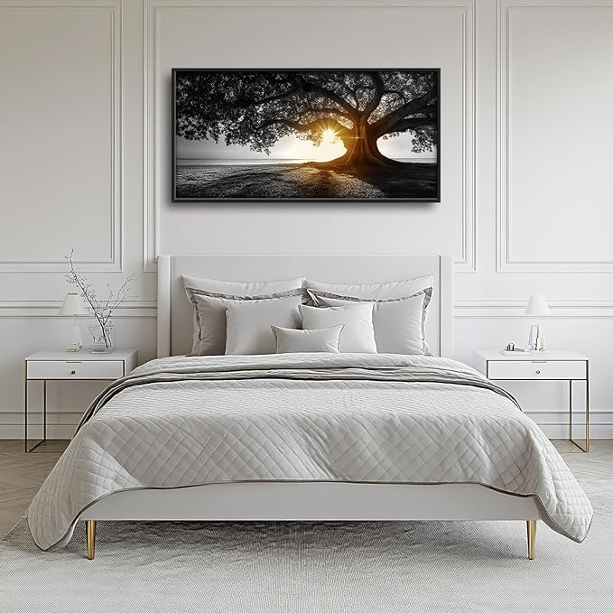 Olivine Tree Wall Art, Sunset Pictures Wall Decor, Black And White Painting, Nature Scenery Canvas Prints, Framed Artwork for Bathroom Bedroom Living Room Office Home Decoration 60"x30"